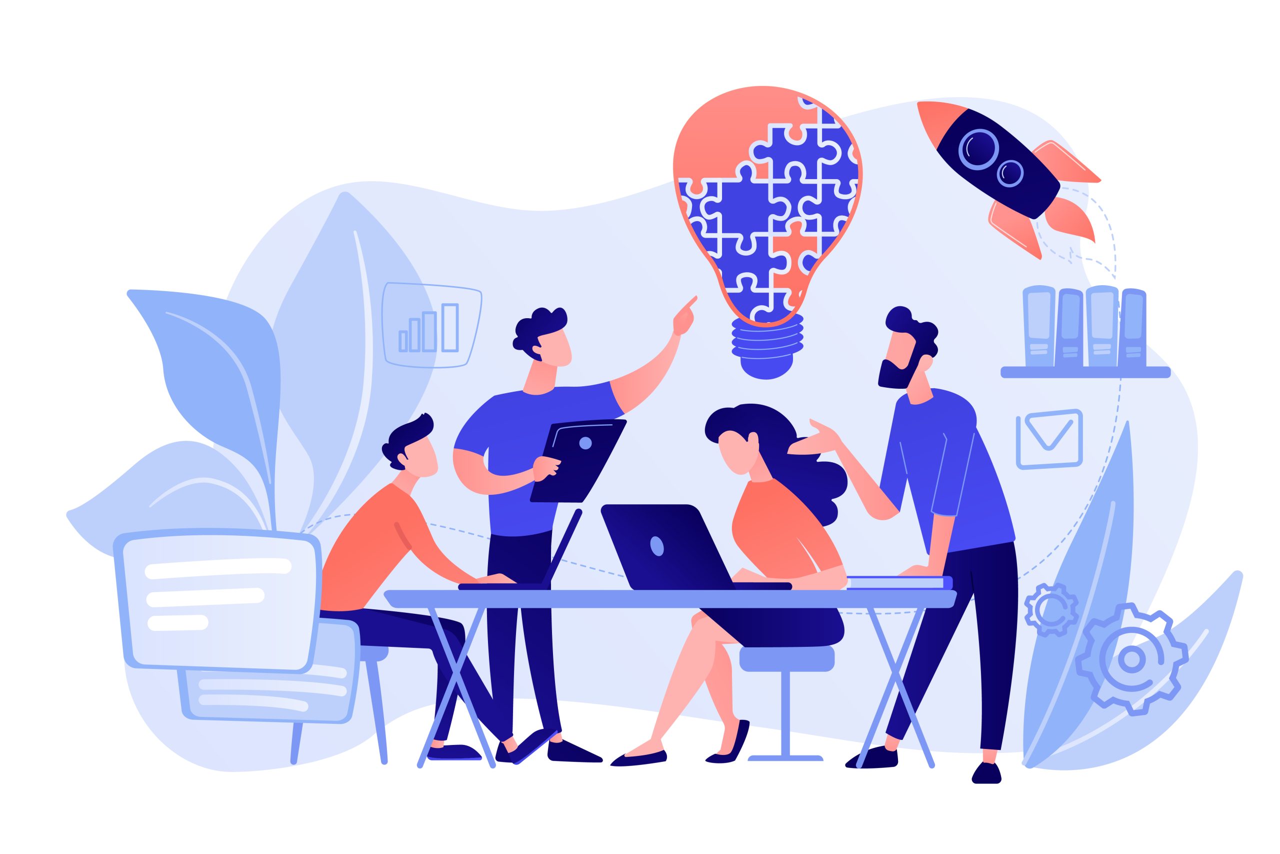 Collaboration concept vector illustration. Business team brainstorm idea and lightbulb from jigsaw. Working team collaboration, enterprise cooperation, colleagues mutual assistance concept. Pinkish coral bluevector isolated illustration
